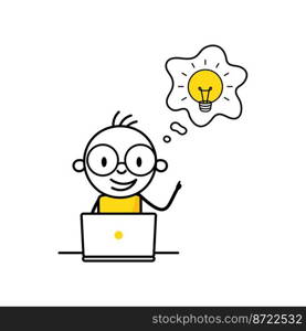 Man with laptop who has a light bulb above his head. Idea and creativity concept. Vector stock illustration