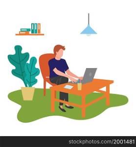 Man with laptop work from home illustration flat design