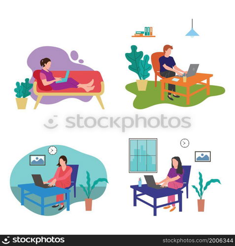 Man with laptop work from home illustration flat design