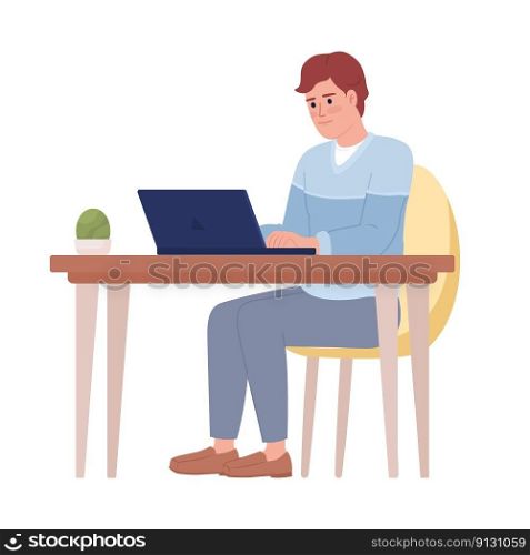 Man with laptop working at office tab≤semi flat color vector character. Editab≤figure. Full body person on white. Simp≤cartoon sty≤spot illustration for web graφc design and animation. Man with laptop working at office tab≤semi flat color vector character