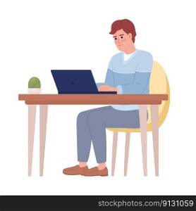 Man with laptop working at office tab≤semi flat color vector character. Editab≤figure. Full body person on white. Simp≤cartoon sty≤spot illustration for web graφc design and animation. Man with laptop working at office tab≤semi flat color vector character