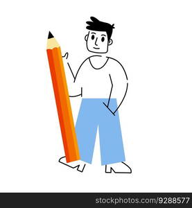 Man with large red pencil. Outline Creative profession artist. Drawing lessons. Writing supplies. Linear geometric abstract character. Trendy cartoon. Man with large red pencil.