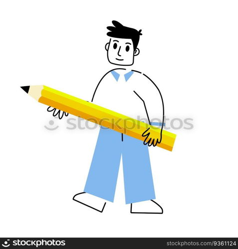 Man with large yellow pencil. Outline Creative profession artist. Drawing lessons. Writing supplies. Linear geometric abstract character. Trendy cartoon. Man with large yellow pencil.