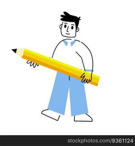 Man with large yellow pencil. Outline Creative profession artist. Drawing lessons. Writing supplies. Linear geometric abstract character. Trendy cartoon. Man with large yellow pencil.
