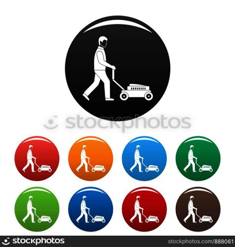 Man with lawn mower icons set 9 color vector isolated on white for any design. Man with lawn mower icons set color