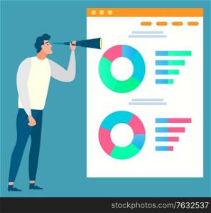 Man with lens researching, board with colorful diagram. Data analysis, graph report, business success, employee character with loupe, technology. Vector illustration in flat cartoon style. Data Analysis, Diagram Report, Business Vector