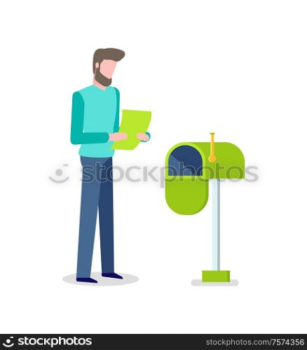 Man with letter in hands, mailbox for messages receiving vector. Open page, special offer, advertisement on printed material, isolated person and postage. Man with Letter in Hands, Mailbox for Messages