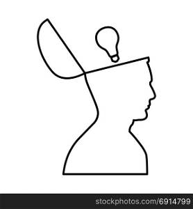 Man with lightbulb idea in open head black icon .