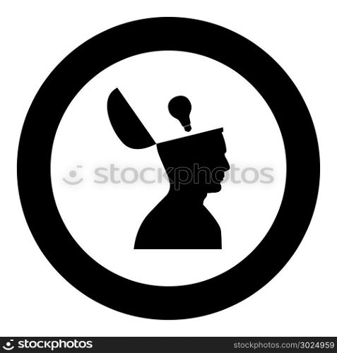 Man with lightbulb idea in open head black icon in circle vector illustration isolated