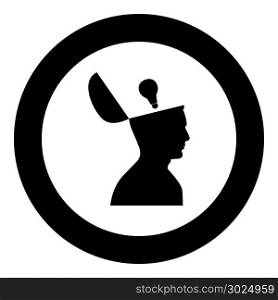 Man with lightbulb idea in open head black icon in circle vector illustration isolated