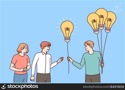 Man with lightbulbs in hands giving bulbs to people. Businessman offer creative business ideas to employees. Solution and problem solving. Vector illustration. . Man offer lightbulbs to people 
