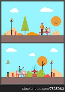 Man with little girl in autumnal park relaxing, father daughter on bench vector. Person holding bird on hand, fountain and trees, lanterns exterior. Man with Little Girl in Autumnal Park Relaxing
