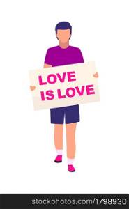 Man with love is love placard semi flat color vector character. Full body person on white. LGBT pride march isolated modern cartoon style illustration for graphic design and animation. Man with love is love placard semi flat color vector character