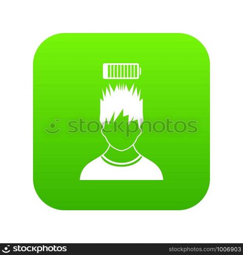 Man with low battery over head icon digital green for any design isolated on white vector illustration. Man with low battery over head icon digital green