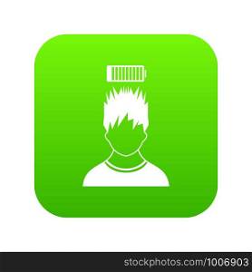 Man with low battery over head icon digital green for any design isolated on white vector illustration. Man with low battery over head icon digital green