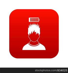 Man with low battery over head icon digital red for any design isolated on white vector illustration. Man with low battery over head icon digital red