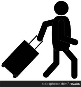 man with luggage icon on white background. passenger pulling rolling bag sign. flat style.