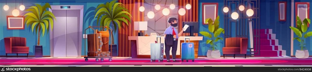 Man with luggage in hotel lobby room wait checkin cartoon background. Business hostel office hallway interior with trolley, elevator, armchair and lamp panoramic illustration. Male tourist in hall. Man with luggage in hotel lobby room wait checkin