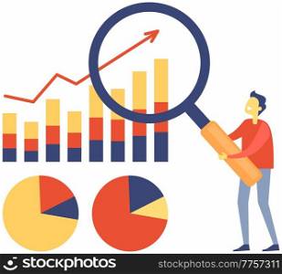 Man with magnifying glass analyzes indices on presentation with graph and charts, examines indicators of activity growth. Project management and financial report strategy. Business analysis planning. Man office worker with magnifying glass analyzes indices on presentation with graphs and charts