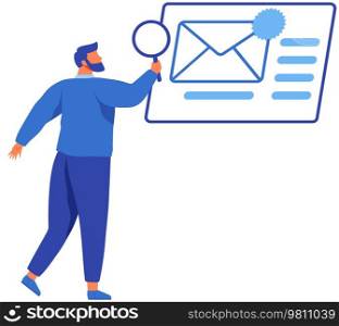 Man with magnifying glass looking for information in newsletter in digital envelope. Online subscription for news, newspapers, electronic publication for subscribers. Guy receives email via internet. Man with magnifying glass looking at digital envelope. Person receives email via internet