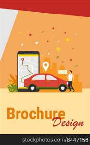 Man with map on smartphone renting car. Driver using car sharing app on phone and searching vehicle. Vector illustration for transport, transportation, urban traffic, location app concept.