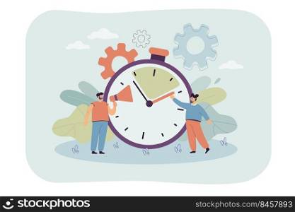 Man with megaphone and woman holding hour hand. Sport or competition commentator training, quick reaction, timer flat vector illustration. Deadline, time management concept for banner, website design