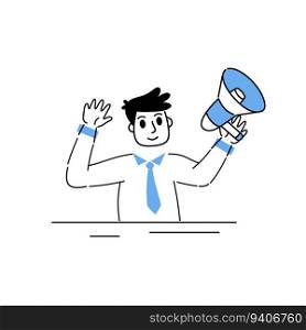 Man with megaphone. Manager with speaker. Marketing and business strategy. Outline cartoon. Businessman character. Happy man. Man with megaphone. Manager with speaker.