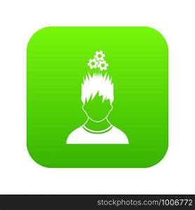 Man with metal gears over head icon digital green for any design isolated on white vector illustration. Man with metal gears over head icon digital green