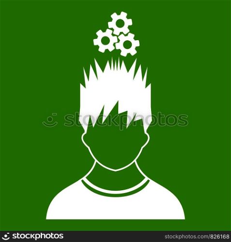 Man with metal gears over head icon white isolated on green background. Vector illustration. Man with metal gears over head icon green