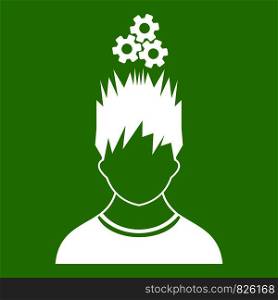 Man with metal gears over head icon white isolated on green background. Vector illustration. Man with metal gears over head icon green