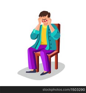 Man With Migraine Head Ache Sitting On Seat Vector. Unhappy Depression Adult Guy With Headache Desperate And Stressed Pain And Migraine Sit On Chair. Character Disease Flat Cartoon Illustration. Man With Migraine Head Ache Sitting On Seat Vector