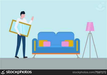 Man with mirror or picture frame in hands in room with sofa and lamp on tripod. Vector couch with pillows and cartoon person, interior design with furniture. Man with Mirror or Picture Frame in Hands in Room
