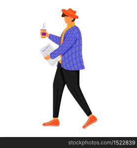 Man with morning newspaper flat color vector illustration. Person reads and drinks coffee. Getting new press. Stylish young man in jacket isolated cartoon character on white background