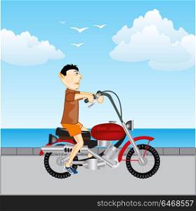 Man with motorcycle on road. Persons on motorcycle goes beside seeshore.Vector illustration