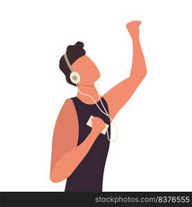 Man with music headphone vector illustration. Male boy listening earphone and sound lifestyle. Fashion man dj and teenager character avatar. Entertainment device mobile technology enjoyment