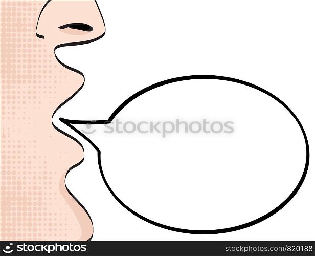 Man with open mouth screaming announcement on empty speech bulb on white, stock vector illustration. Party invitation poster.