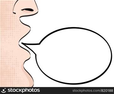 Man with open mouth screaming announcement on empty speech bulb on white, stock vector illustration. Party invitation poster.