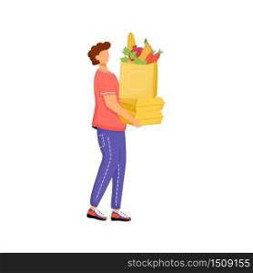Man with organic produce, guy carrying greens flat color vector faceless character. Greengrocery client, boy with packages isolated cartoon illustration for web graphic design and animation