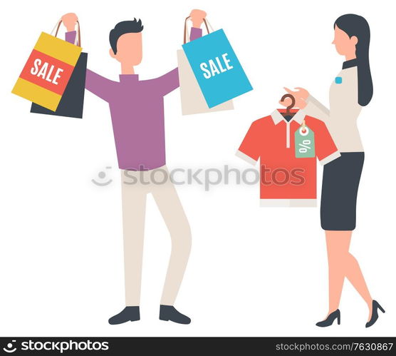 Man with packages at shop, isolated characters flat style. Fashion advisor, shop consultant showing tshirt to client with bags, happy customer. Vector illustration in flat cartoon style. Shopaholic Man Showing Bags, Shopping Character