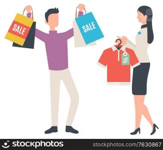 Man with packages at shop, isolated characters flat style. Fashion advisor, shop consultant showing tshirt to client with bags, happy customer. Vector illustration in flat cartoon style. Shopaholic Man Showing Bags, Shopping Character