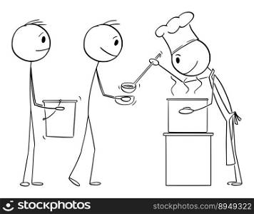Man with pail or bucket in line of poor people waiting for soup or food donation , vector cartoon stick figure or character illustration.. Poor People Waiting in Line For Food Donation, Vector Cartoon Stick Figure Illustration