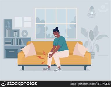 Man with pain in leg muscles at home flat color vector illustration. Body injury. Joints inflammation. Health problem. Fully editable 2D simple cartoon character with living room on background. Man with pain in leg muscles at home flat color vector illustration