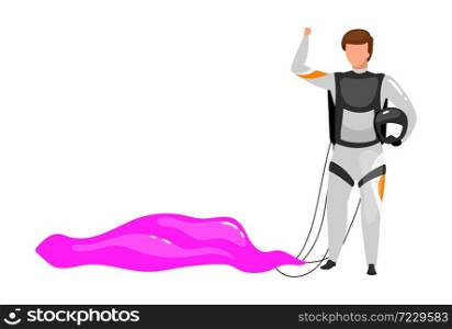 Man with parachute flat vector illustration. Skydiving, parachuting safe landing. Extreme sports. Active lifestyle. Outdoor activities. Sportsman isolated cartoon character on white background. Man with parachute flat vector illustration