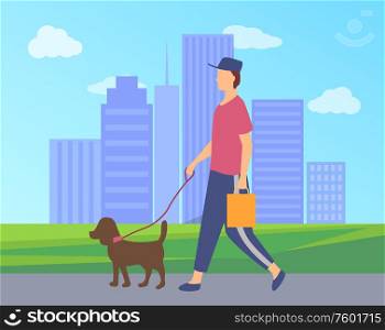 Man with pet walking in spring park vector, person having fun with dog, cityscape with skyscrapers and tall buildings, green grass and clean road. Man Character Walking Dog in City Park Vector