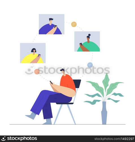 Man with phone, communication in social networking, mobile and internet interaction. People and virtual connections. Male and female modern cartoon characters. Flat vector illustration.