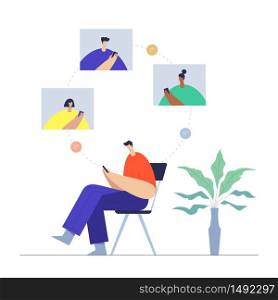 Man with phone, communication in social networking, mobile and internet interaction. People and virtual connections. Male and female modern cartoon characters. Flat vector illustration.