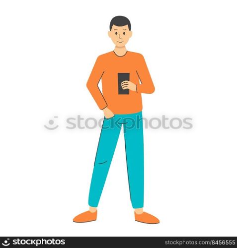 Man with phone isolated vector . Young guy stands and holds smartphone in his hand. Adult writes message, communicates on social network or on dating site. Communication at distance concept flat style. Man with phone isolated vector