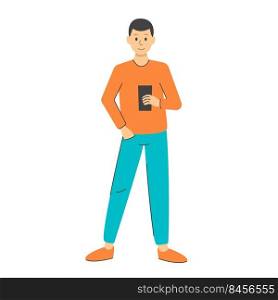 Man with phone isolated vector . Young guy stands and holds smartphone in his hand. Adult writes message, communicates on social network or on dating site. Communication at distance concept flat style. Man with phone isolated vector