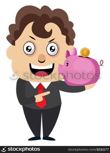 Man with piggy bank, illustration, vector on white background.