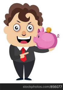 Man with piggy bank, illustration, vector on white background.